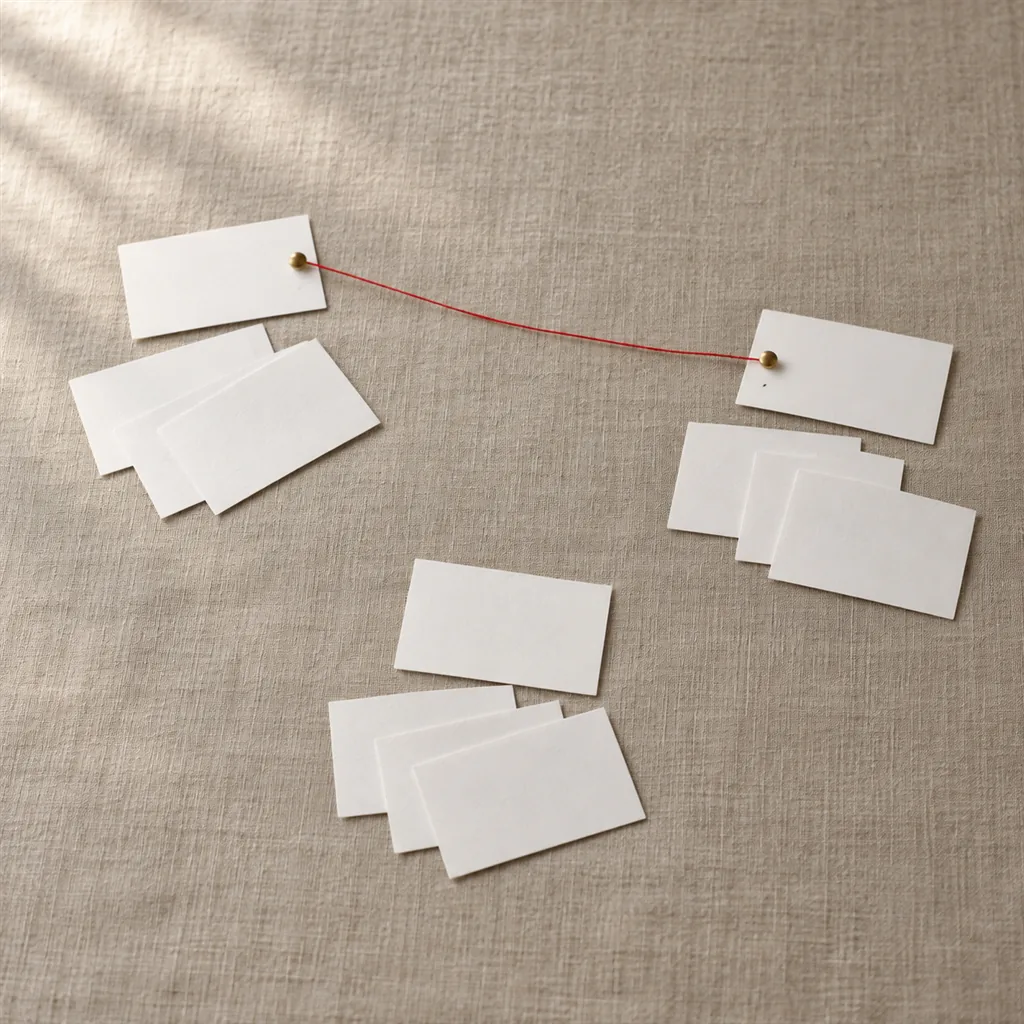 Your Website Content Is Fine. The Structure Is the Problem. 6 Plain white index cards on a linen tabletop sorted into three separate groups, each with one card set above the rest like a heading, and a scarlet thread pinned between a card in the left group and a card in the right group