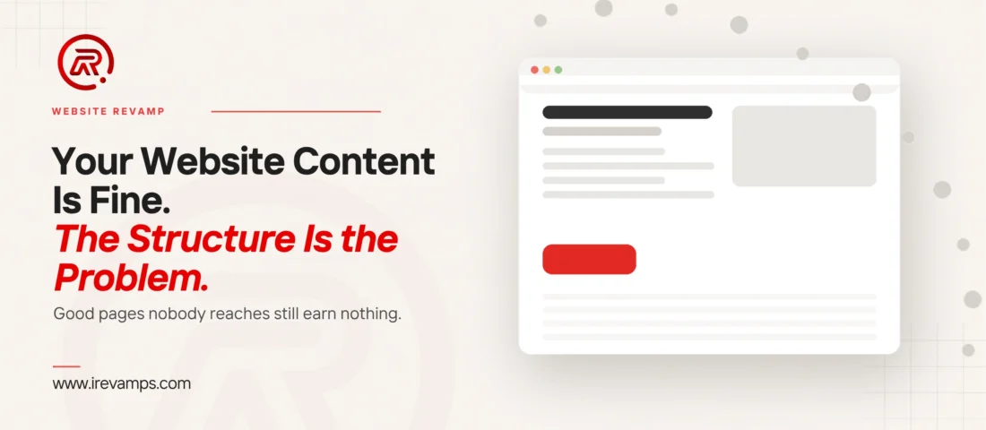 Website structure title card with a flat illustration of a browser page holding a heading, lines of text and a scarlet button, while a trail of grey dots curves across the top of the page and away down its right side without reaching the button
