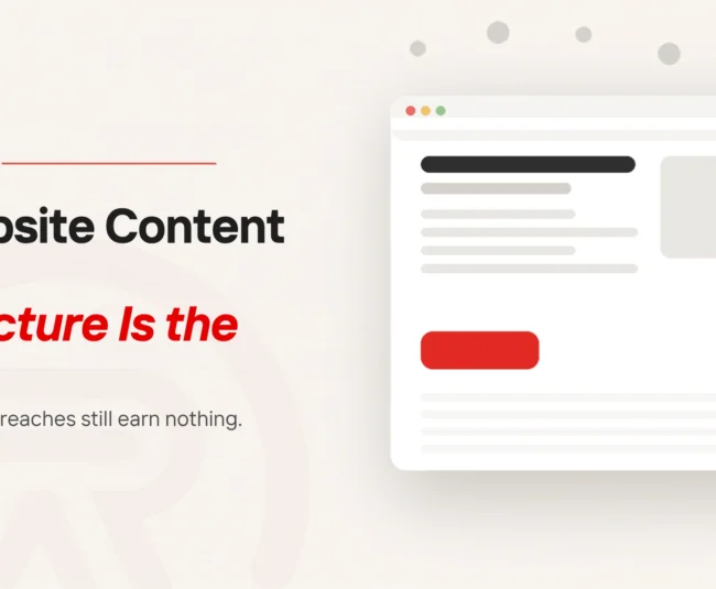 Website structure title card with a flat illustration of a browser page holding a heading, lines of text and a scarlet button, while a trail of grey dots curves across the top of the page and away down its right side without reaching the button