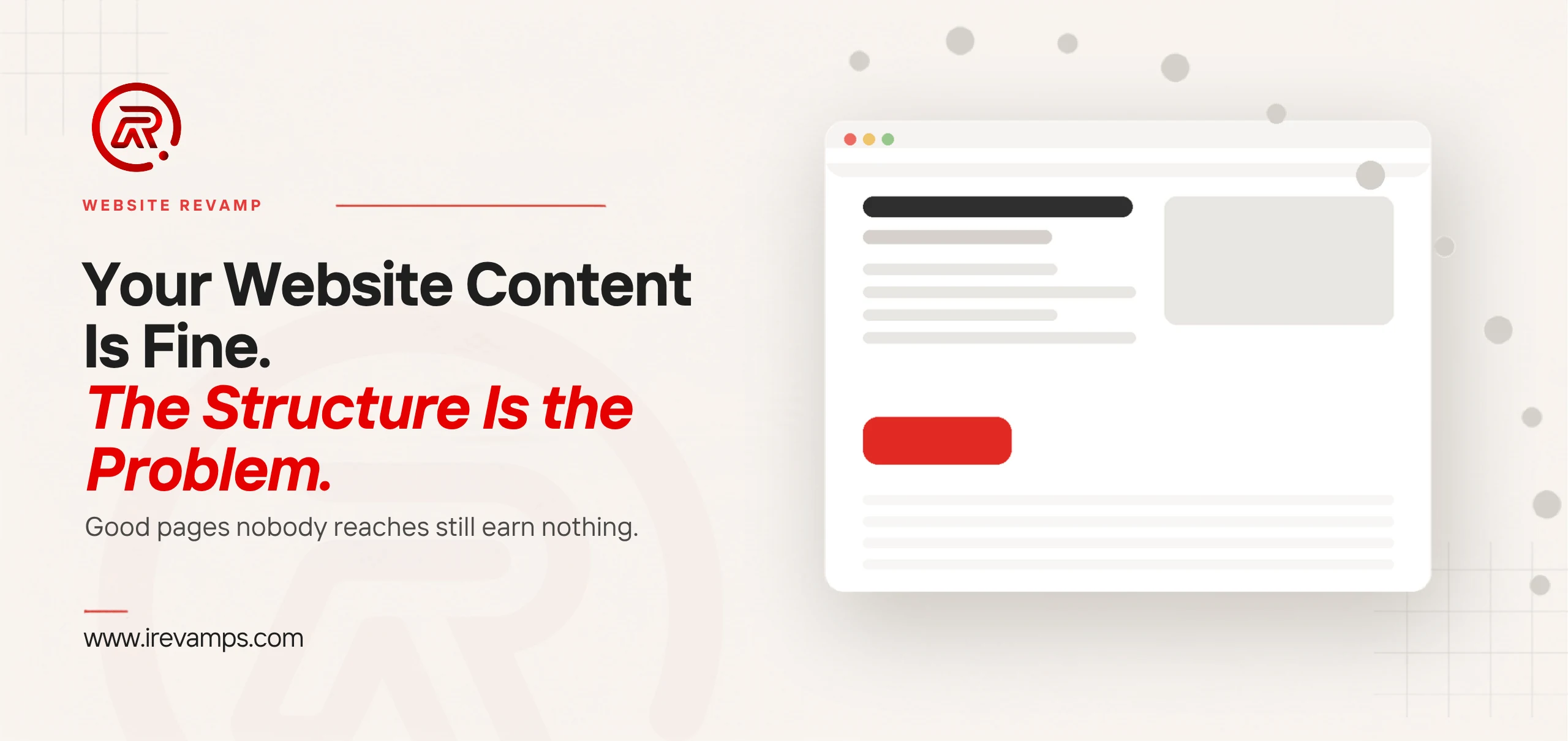 Website structure title card with a flat illustration of a browser page holding a heading, lines of text and a scarlet button, while a trail of grey dots curves across the top of the page and away down its right side without reaching the button