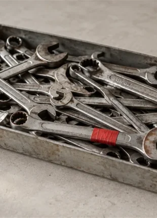 A shallow galvanised metal tray with a wire handle, sitting on a pale stone surface and crowded with worn steel spanners of many sizes lying across each other, one of them wrapped round the middle with scarlet tape, an illustration of website technical debt piling up unsorted
