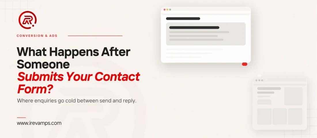 What happens after form submission title card: a flat page whose lower rows fade out, a small scarlet mark and three fading marks trailing to a pale distant second window