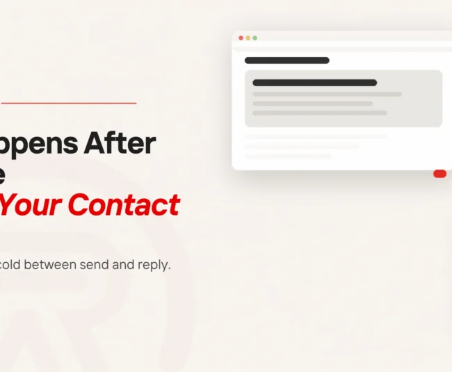 What happens after form submission title card: a flat page whose lower rows fade out, a small scarlet mark and three fading marks trailing to a pale distant second window