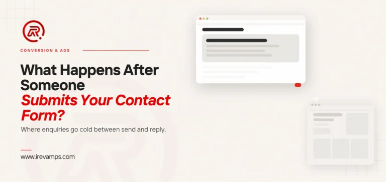 What happens after form submission title card: a flat page whose lower rows fade out, a small scarlet mark and three fading marks trailing to a pale distant second window