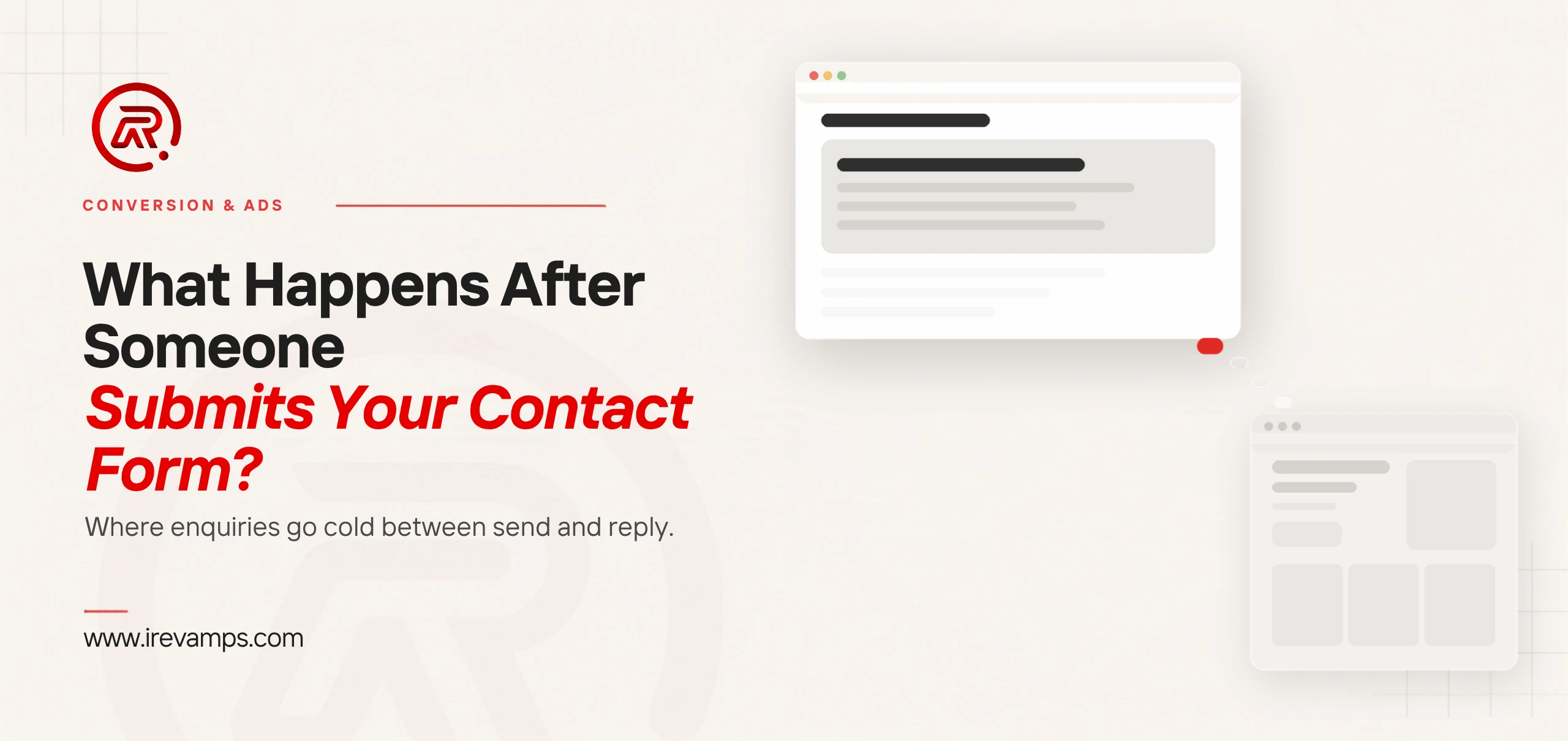 What happens after form submission title card: a flat page whose lower rows fade out, a small scarlet mark and three fading marks trailing to a pale distant second window
