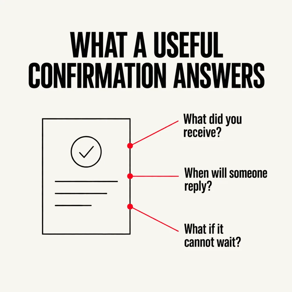 What Happens After Someone Submits Your Contact Form? 6 A labelled diagram headed WHAT A USEFUL CONFIRMATION ANSWERS showing a plain confirmation panel with three scarlet callout lines running to captions reading What did you receive?, When will someone reply? and What if it cannot wait?