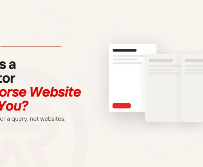 Title card for an article on why competitors rank higher than me, with a flat illustration of four page cards standing in a row, the front one drawn crisply with a small scarlet button while the three behind it are faded and set back