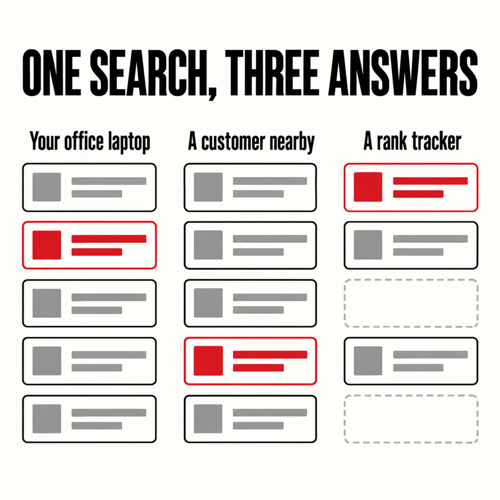 A square labelled diagram headed ONE SEARCH, THREE ANSWERS with three columns captioned Your office laptop, A customer nearby and A rank tracker, each a vertical stack of five identical result cards, one of them scarlet at a different height in every column, and two cards in the rank tracker column drawn as empty dashed outlines