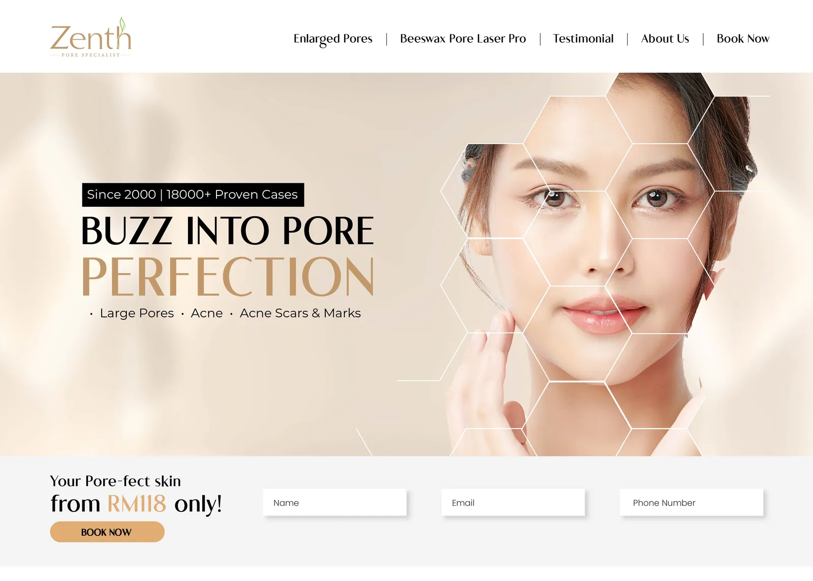 Zenth Pore Specialist landing page hero and booking bar