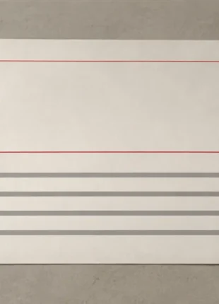 A sheet of paper on a desk with one large empty box outlined in scarlet at the top and five plain grey bars below it, an illustration of zero-click search answering above the links