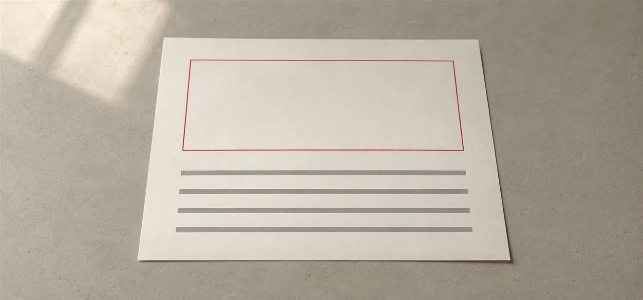 A sheet of paper on a desk with one large empty box outlined in scarlet at the top and five plain grey bars below it, an illustration of zero-click search answering above the links