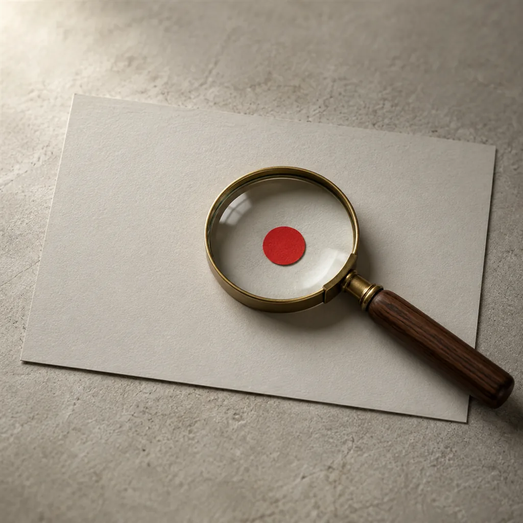 Google Rankings but Less Traffic? What Zero-Click Search Means for Businesses in 2026 6 A brass magnifying glass lying on a blank pale card, a single small scarlet dot enlarged beneath its lens