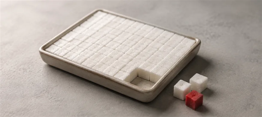 Google Rankings but Less Traffic? What Zero-Click Search Means for Businesses in 2026 5 A shallow tray of tightly packed white sugar cubes with a small gap at one corner and three cubes set on the desk beside it, one of them scarlet