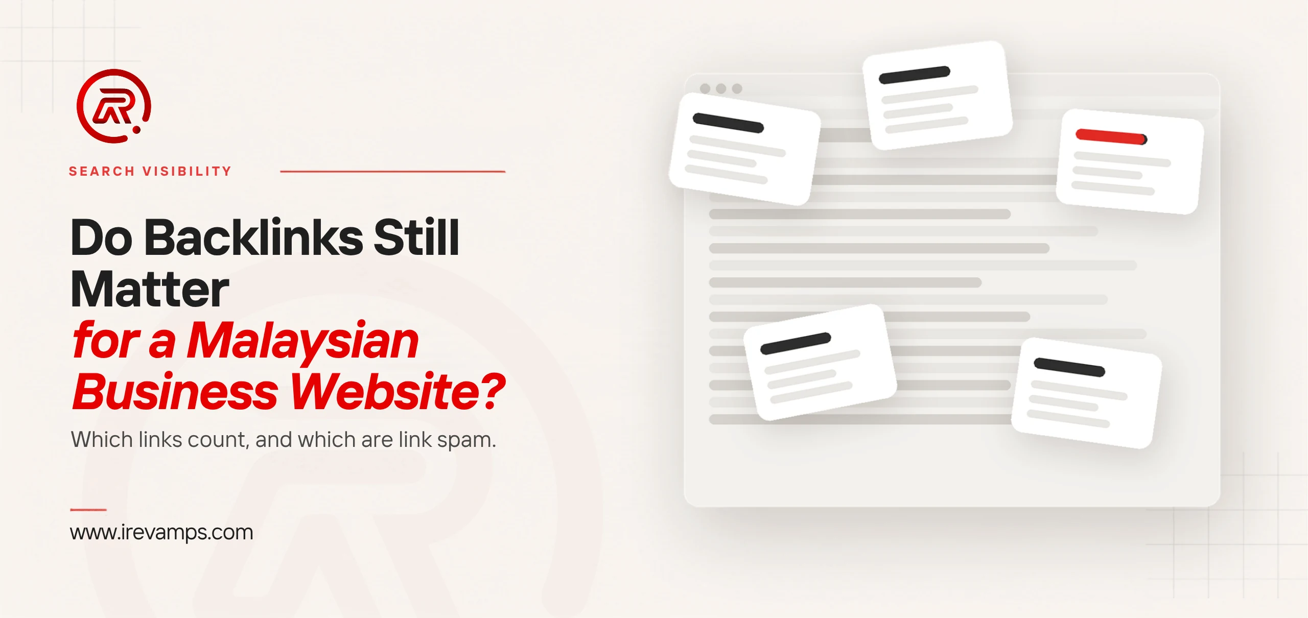 Backlinks Malaysia: title card beside a flat illustration of five small cards piling up at angles over one faded page, the third card carrying a scarlet mark