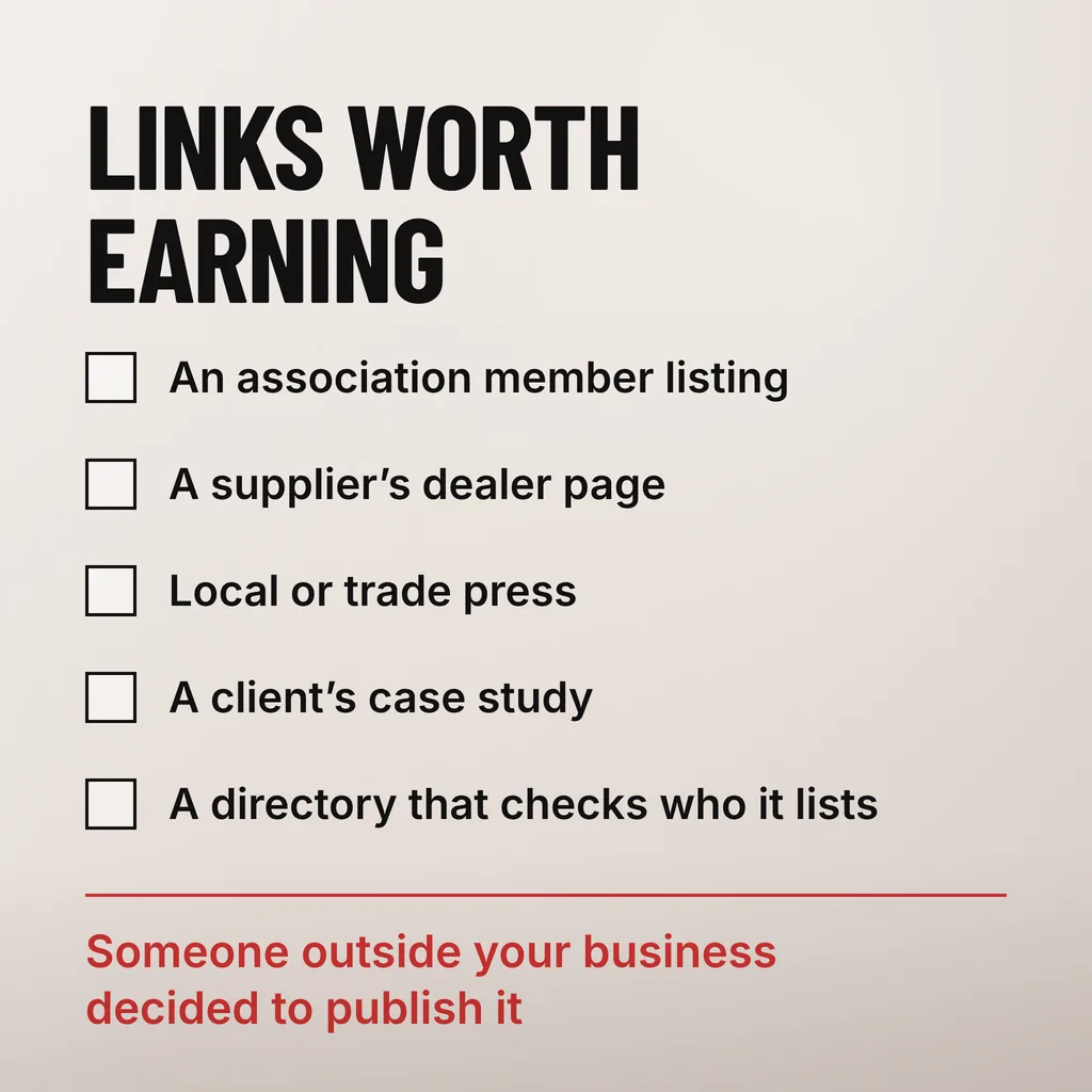 A square checklist headed LINKS WORTH EARNING with five empty square boxes beside the lines An association member listing, A supplier dealer page, Local or trade press, A client case study and A directory that checks who it lists, closed by a scarlet line reading Someone outside your business decided to publish it