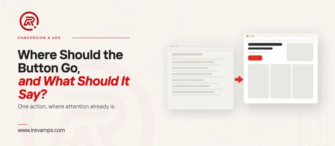 Call to action: title card reading Where Should the Button Go, and What Should It Say? beside two browser window mockups — the left page is all grey text lines with no button, the right page carries a single scarlet button near the top, and a scarlet arrow points from the left page to the right