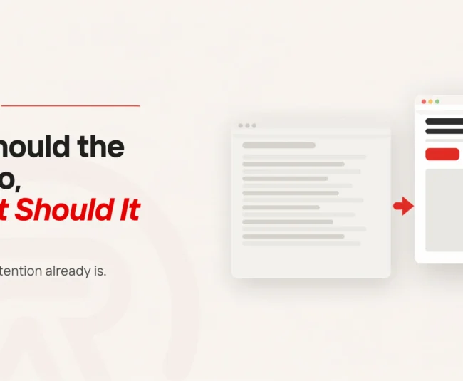 Call to action: title card reading Where Should the Button Go, and What Should It Say? beside two browser window mockups — the left page is all grey text lines with no button, the right page carries a single scarlet button near the top, and a scarlet arrow points from the left page to the right