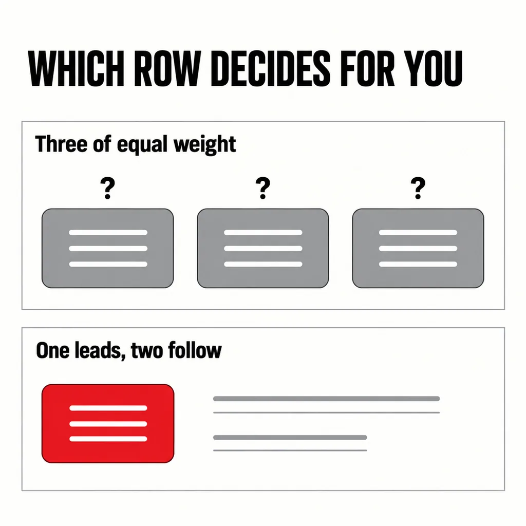 Where Should the Button Go, and What Should It Say? 6 A labelled square comparison headed WHICH ROW DECIDES FOR YOU with two stacked panels: the upper panel marked Three of equal weight shows three identical grey outlined buttons side by side each with a small question mark above it, and the lower panel marked One leads, two follow shows a single solid scarlet button beside two plain underlined grey text links