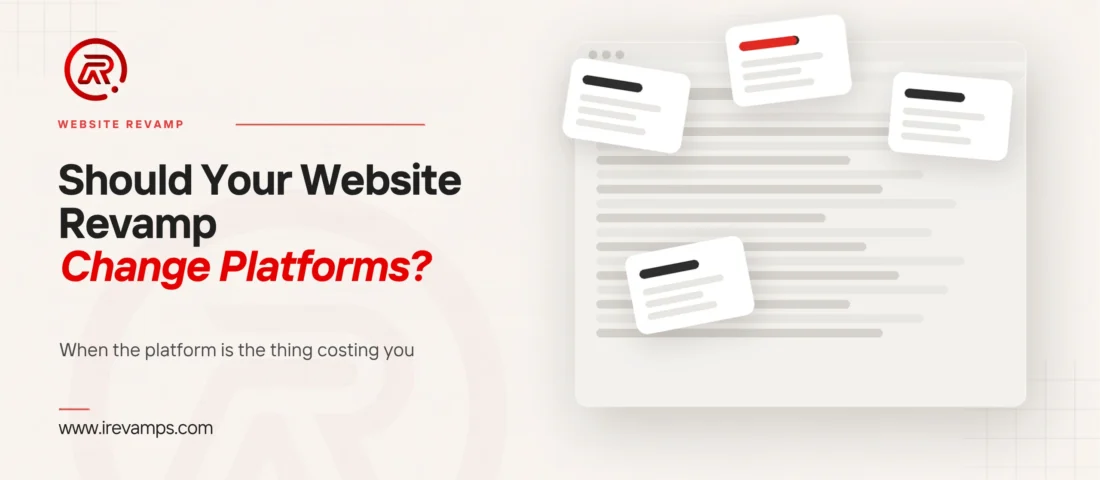 Change website platform: title card beside a flat illustration of one web page with four small patch cards piled across it at angles, one of them marked with a scarlet bar