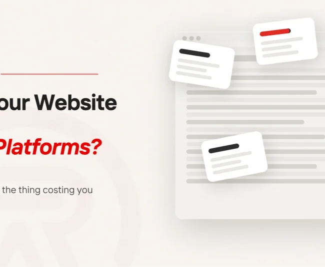 Change website platform: title card beside a flat illustration of one web page with four small patch cards piled across it at angles, one of them marked with a scarlet bar
