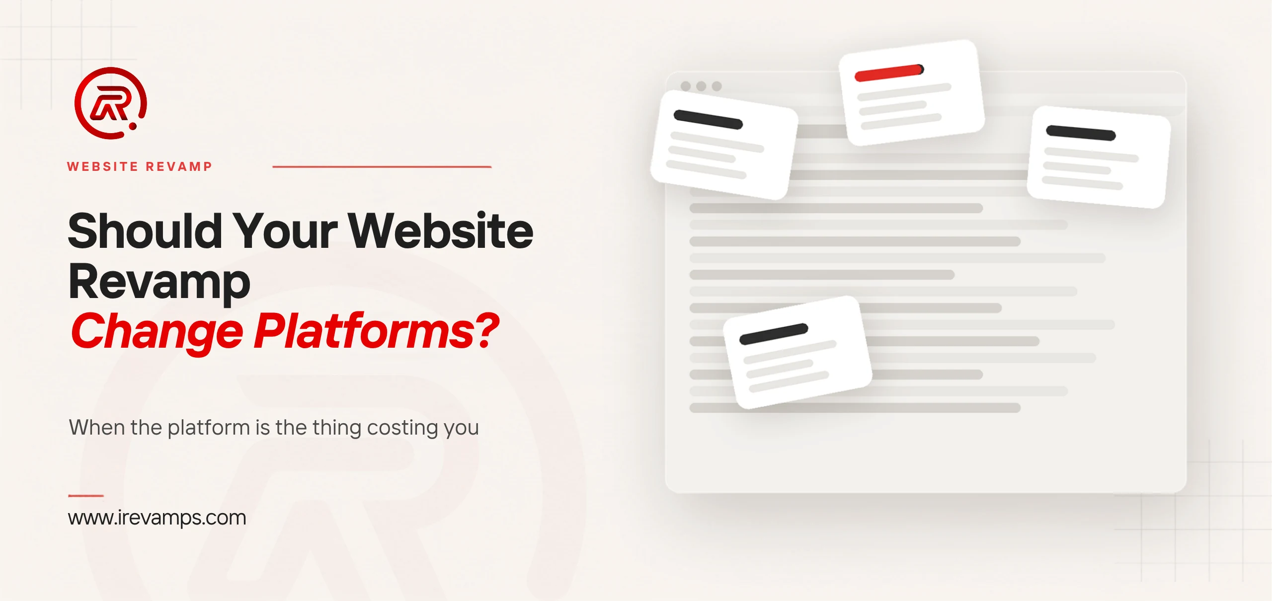 Change website platform: title card beside a flat illustration of one web page with four small patch cards piled across it at angles, one of them marked with a scarlet bar