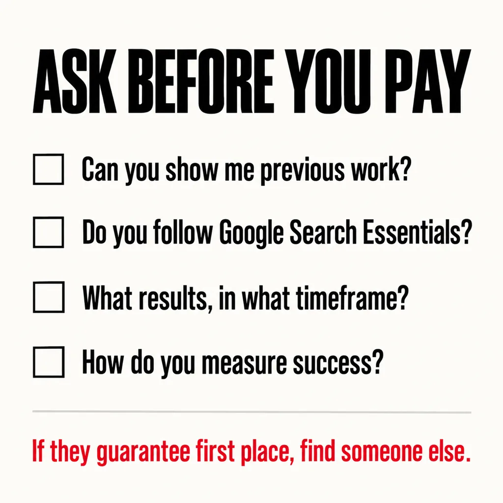 A labelled square checklist headed ASK BEFORE YOU PAY with four questions each preceded by an empty black checkbox, and a fifth line at the foot in scarlet reading If they guarantee first place, find someone else