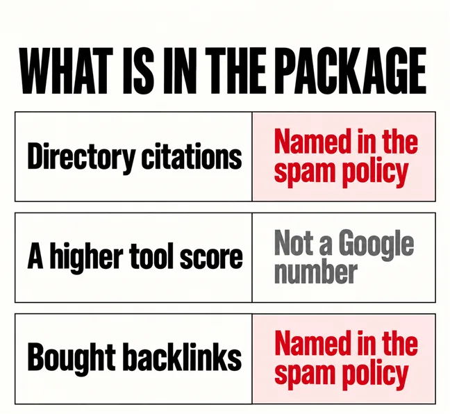 A labelled diagram headed WHAT IS IN THE PACKAGE listing three items with a verdict beside each: directory citations marked Named in the spam policy in scarlet, a higher tool score marked Not a Google number, and bought backlinks marked Named in the spam policy in scarlet