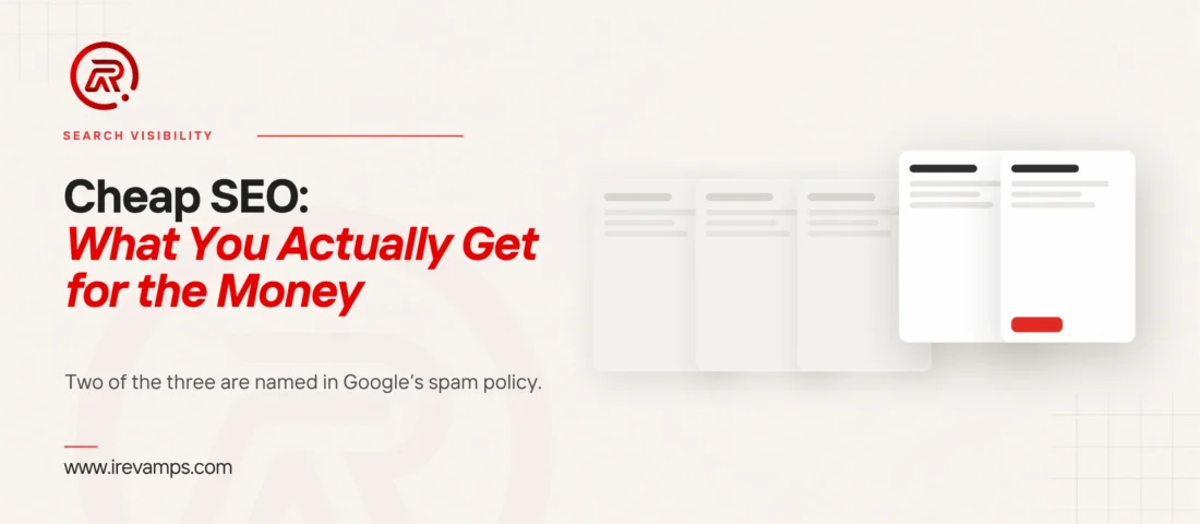 Cheap SEO: title card beside a flat illustration of four page cards fanned in a row, the three behind drawn plain and the one in front carrying a scarlet button