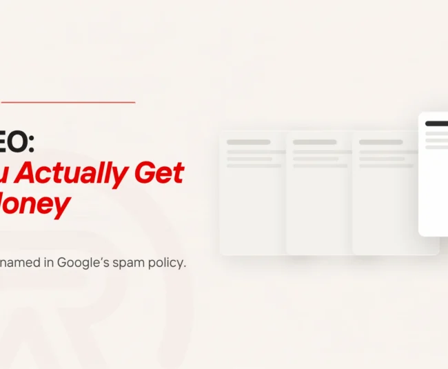 Cheap SEO: title card beside a flat illustration of four page cards fanned in a row, the three behind drawn plain and the one in front carrying a scarlet button