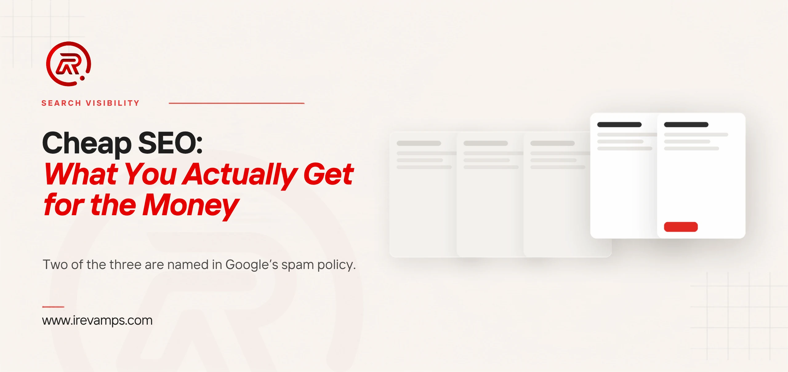 Cheap SEO: title card beside a flat illustration of four page cards fanned in a row, the three behind drawn plain and the one in front carrying a scarlet button