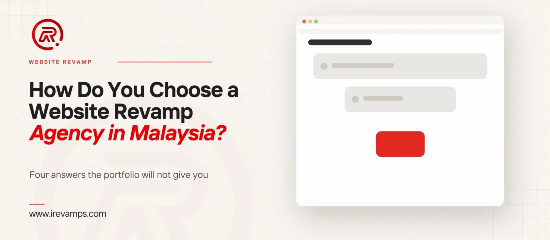 Choose website revamp agency: title card beside a flat illustration of a browser window with a black heading bar above three stacked bars that narrow from full width down to a small scarlet one