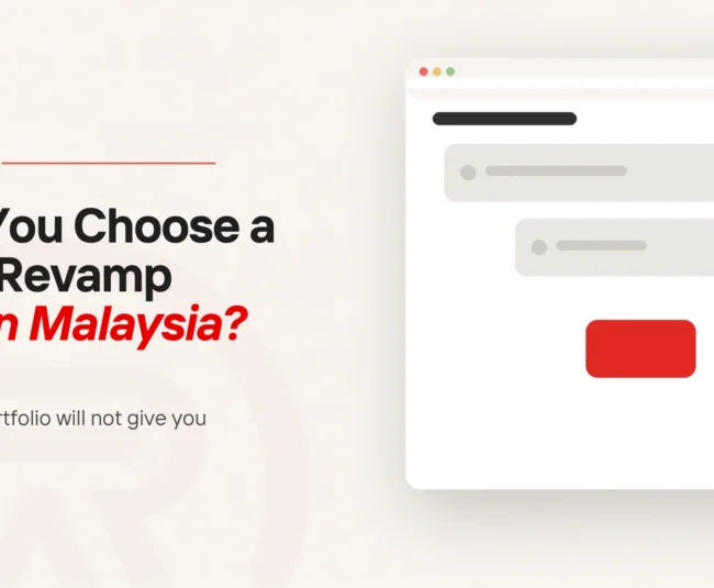 Choose website revamp agency: title card beside a flat illustration of a browser window with a black heading bar above three stacked bars that narrow from full width down to a small scarlet one