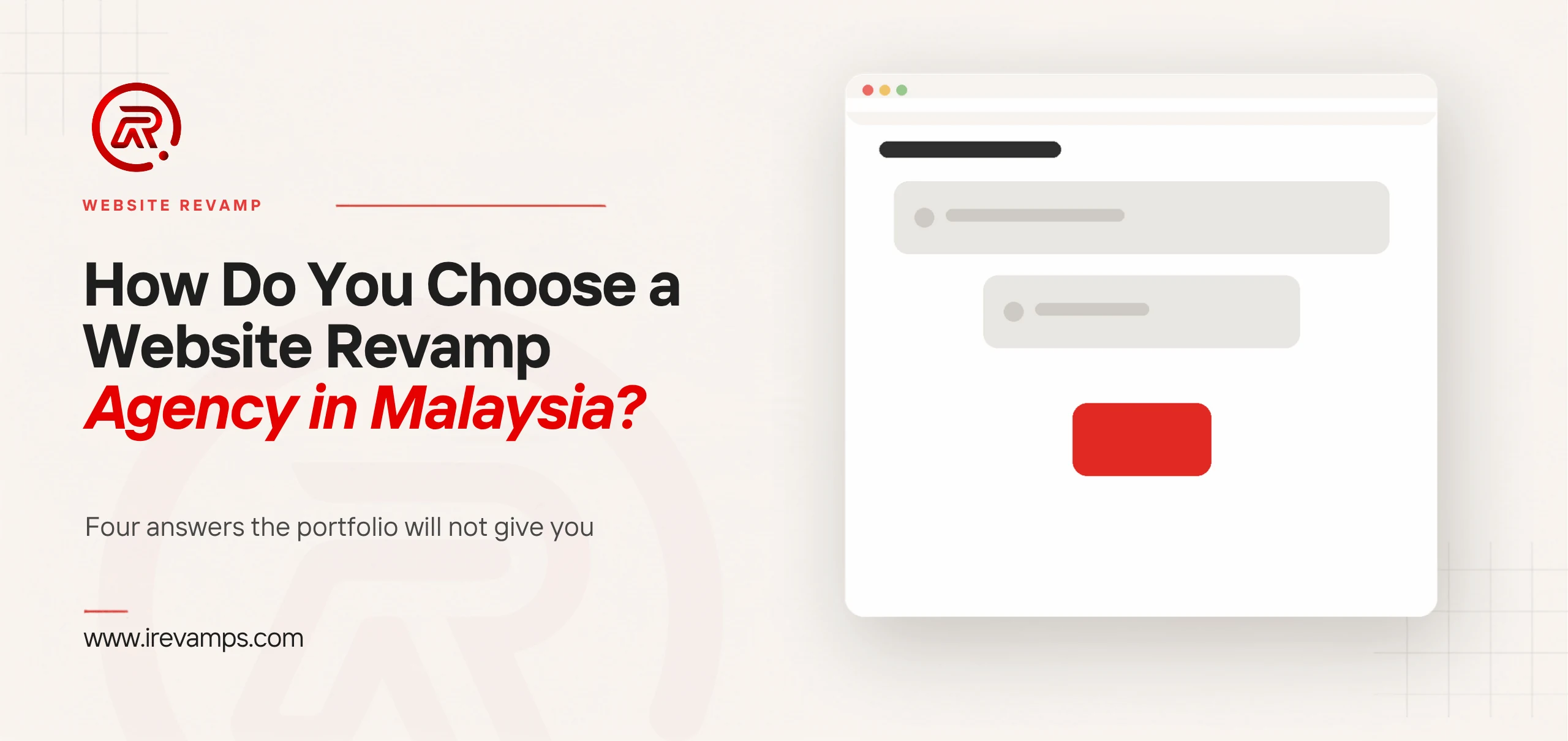 Choose website revamp agency: title card beside a flat illustration of a browser window with a black heading bar above three stacked bars that narrow from full width down to a small scarlet one