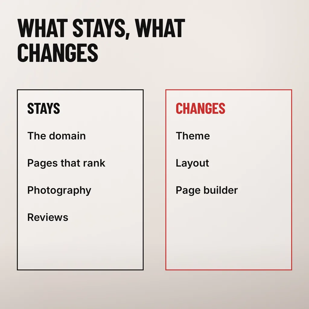 How Do You Choose a Website Revamp Agency in Malaysia? 6 A square diagram headed WHAT STAYS, WHAT CHANGES with a black-outlined panel headed STAYS listing The domain, Pages that rank, Photography and Reviews beside a scarlet-outlined panel headed CHANGES in scarlet listing Theme, Layout and Page builder