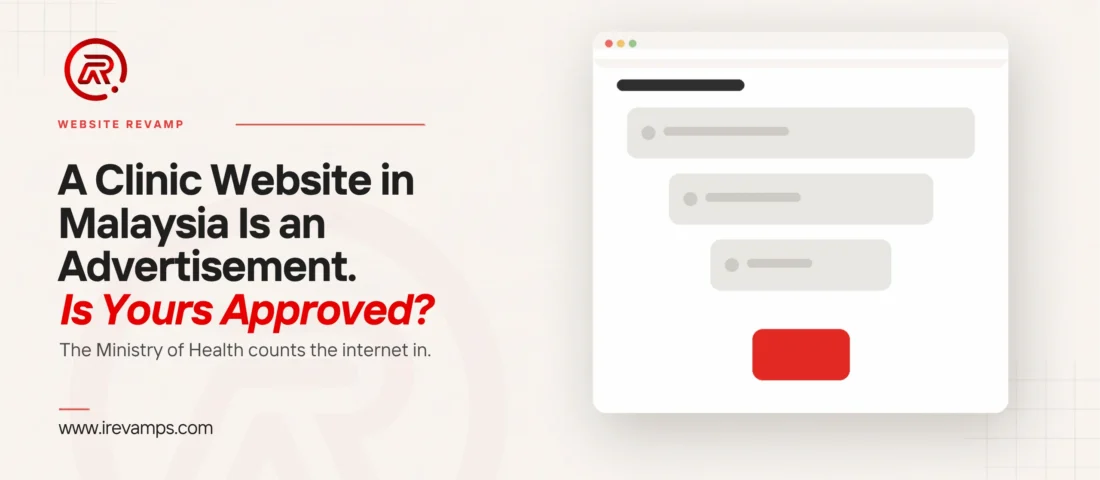 Clinic website: title card beside a flat illustration of page panels narrowing towards a single marked step in scarlet