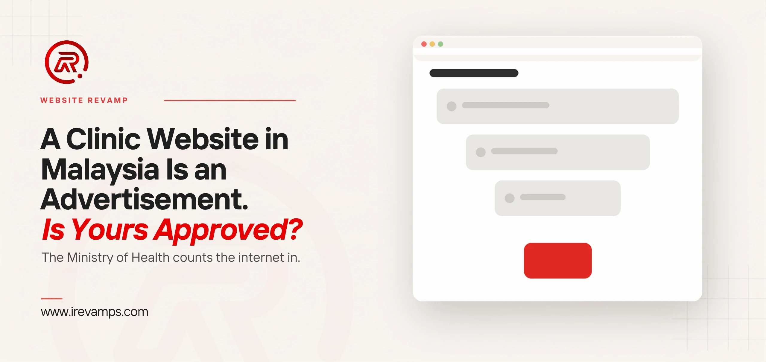 Clinic website: title card beside a flat illustration of page panels narrowing towards a single marked step in scarlet