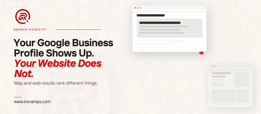Google Business Profile vs website ranking: title card reading Your Google Business Profile Shows Up. Your Website Does Not. beside a flat illustration of a crisp search window holding an answer panel and, lower right, a faded website window, with a scarlet dash and a short trail of fading dots stopping before the site