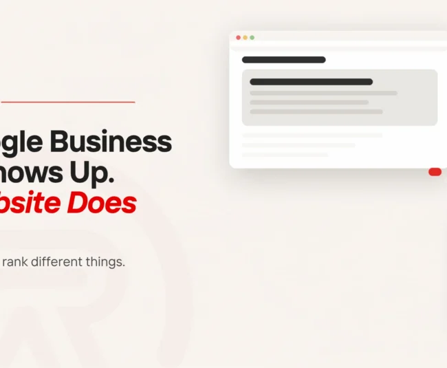 Google Business Profile vs website ranking: title card reading Your Google Business Profile Shows Up. Your Website Does Not. beside a flat illustration of a crisp search window holding an answer panel and, lower right, a faded website window, with a scarlet dash and a short trail of fading dots stopping before the site