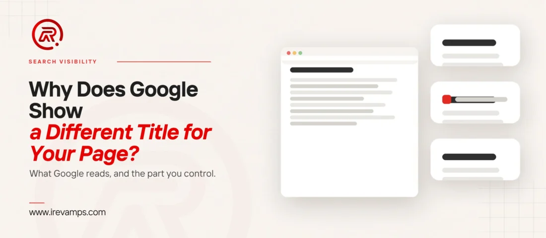 Google changed page title: title card beside a flat illustration of one web page feeding three small search result cards, the middle card marked with a scarlet accent
