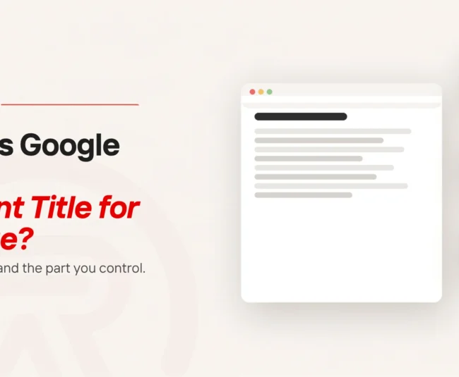 Google changed page title: title card beside a flat illustration of one web page feeding three small search result cards, the middle card marked with a scarlet accent