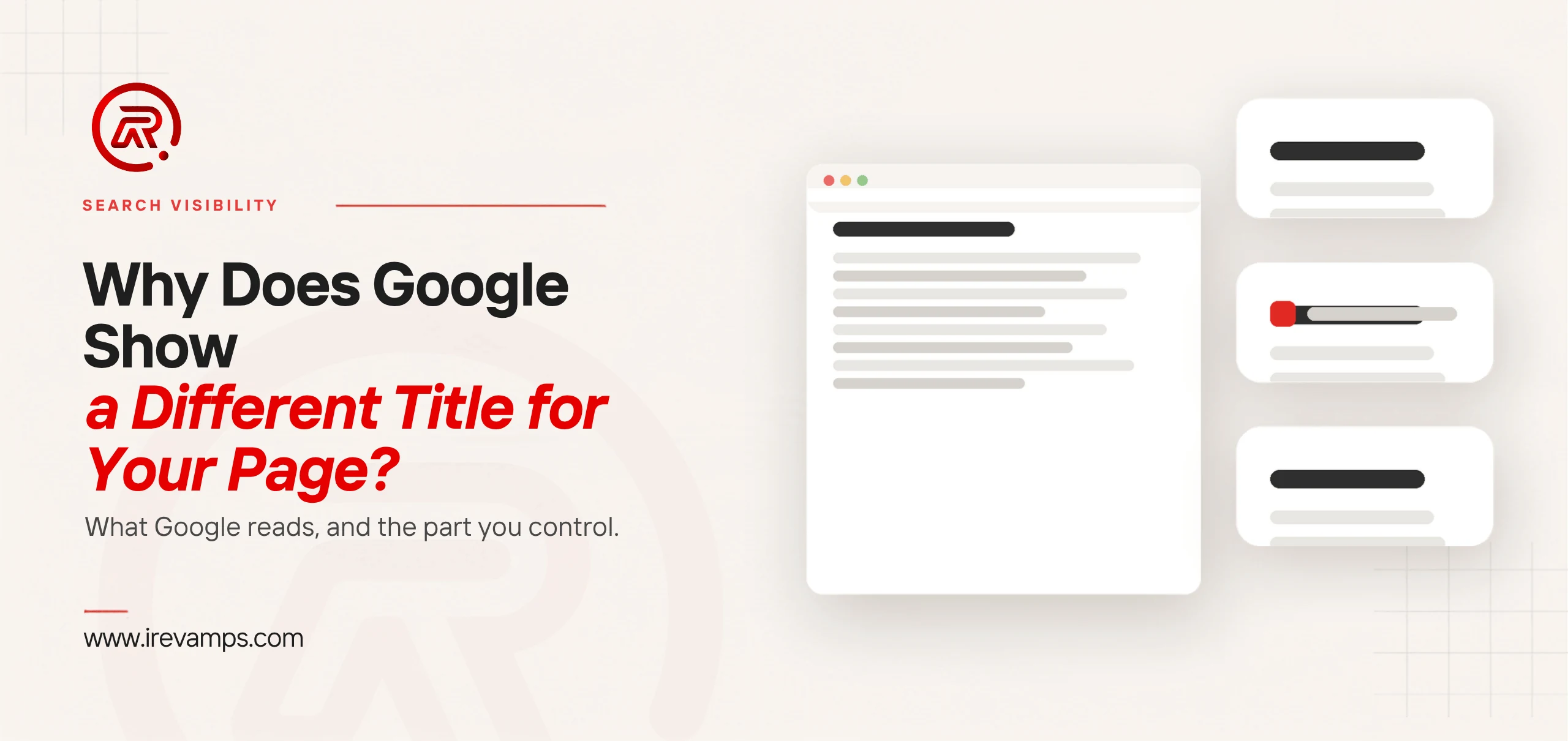 Google changed page title: title card beside a flat illustration of one web page feeding three small search result cards, the middle card marked with a scarlet accent