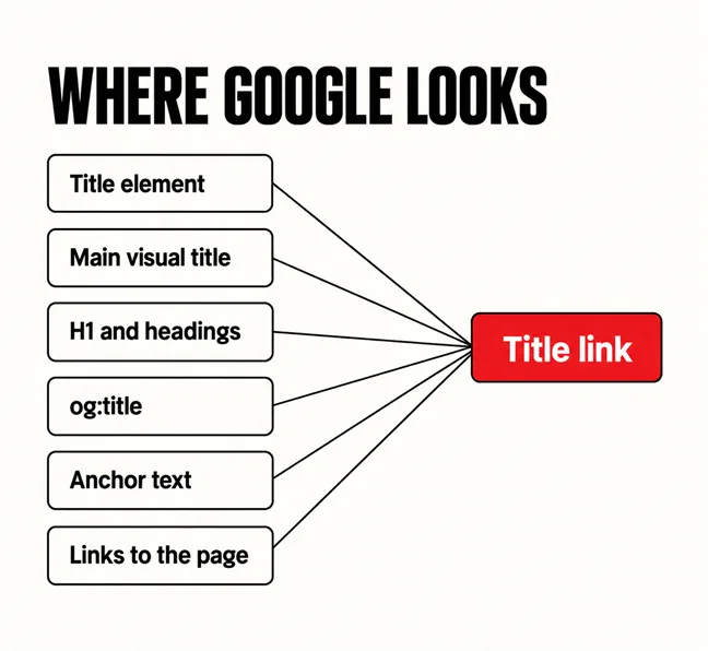Why Does Google Show a Different Title for Your Page? 4 A labelled diagram headed WHERE GOOGLE LOOKS with six outlined boxes reading Title element, Main visual title, H1 and headings, og:title, Anchor text and Links to the page, each joined by a line to one scarlet box reading Title link