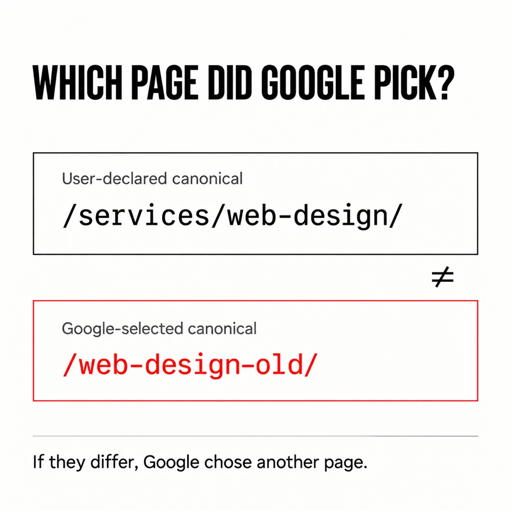 Why Is Google Showing the Wrong Page From Your Website? 6 A labelled square diagram headed WHICH PAGE DID GOOGLE PICK? comparing two fields, User-declared canonical with the address /services/web-design/ in black and Google-selected canonical with the address /web-design-old/ in scarlet, joined by a not-equal sign, above a line reading If they differ, Google chose another page