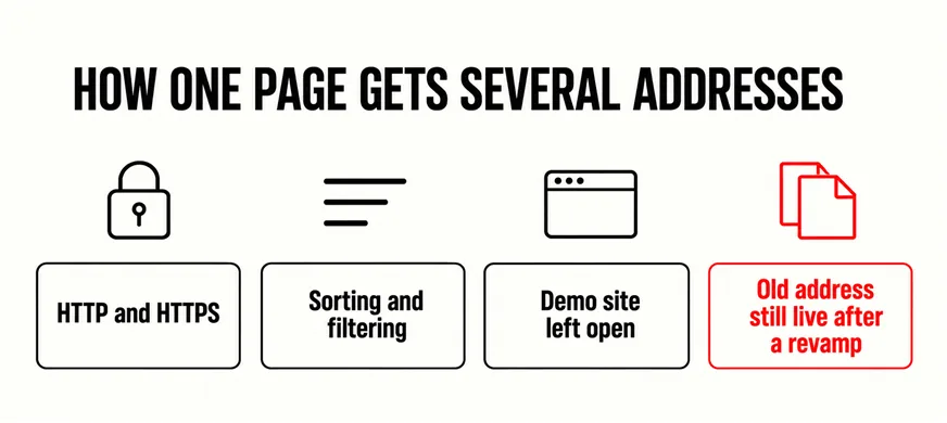 Why Is Google Showing the Wrong Page From Your Website? 5 A wide labelled diagram headed HOW ONE PAGE GETS SEVERAL ADDRESSES with four tiles in a row, each under a small line icon, reading HTTP and HTTPS, Sorting and filtering, Demo site left open, and Old address still live after a revamp, the last tile and its icon in scarlet