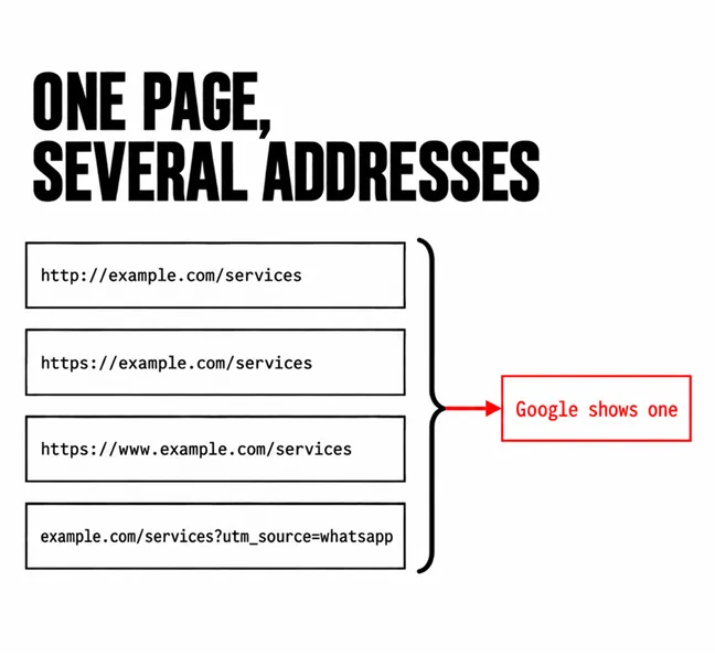 Why Is Google Showing the Wrong Page From Your Website? 4 A labelled diagram headed ONE PAGE, SEVERAL ADDRESSES showing four stacked web addresses for the same services page, bracketed together into a single scarlet box reading Google shows one