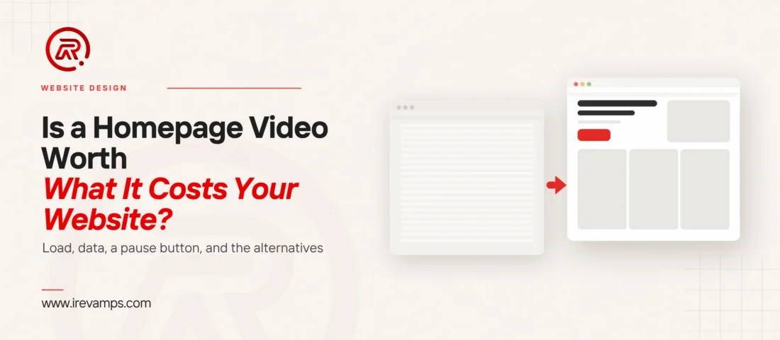 Homepage video background: title card beside a flat illustration of a faded browser window with only empty placeholder lines, an arrow, and a crisp window showing a headline and a scarlet button