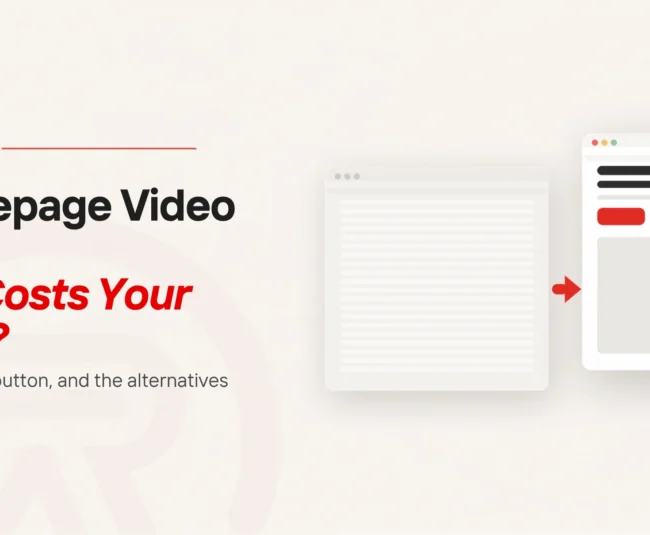 Homepage video background: title card beside a flat illustration of a faded browser window with only empty placeholder lines, an arrow, and a crisp window showing a headline and a scarlet button
