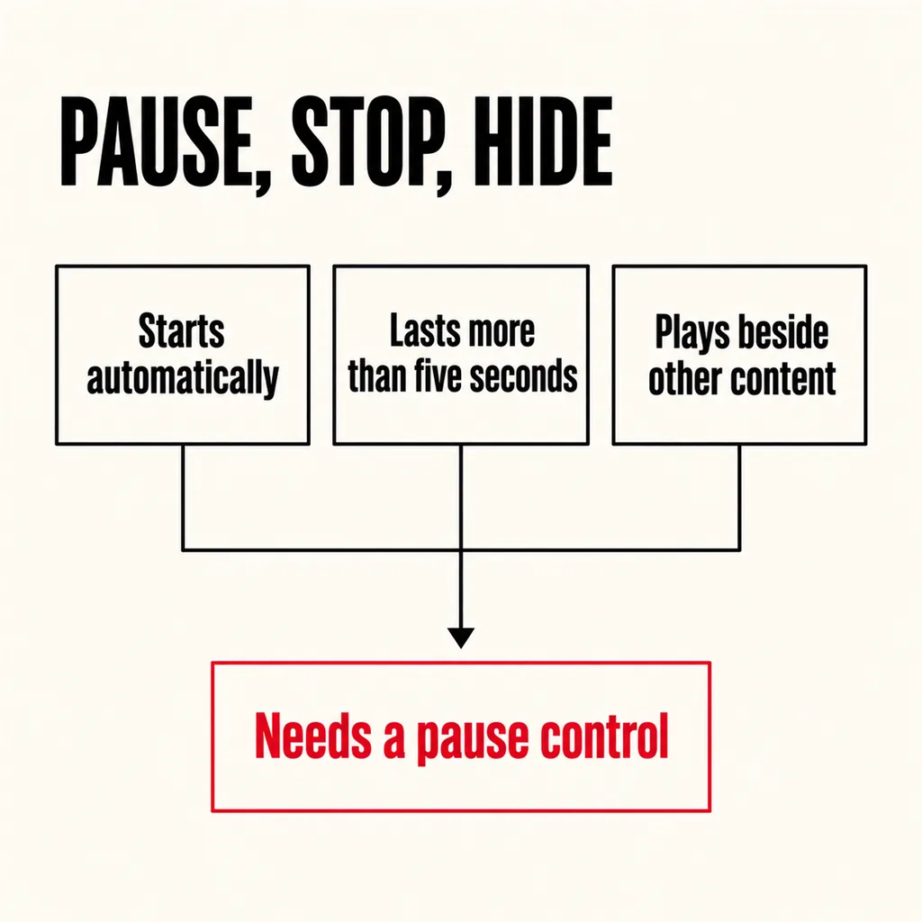 Is a Homepage Video Worth What It Costs Your Website? 6 A labelled square flowchart headed PAUSE, STOP, HIDE in which three outlined boxes reading Starts automatically, Lasts more than five seconds and Plays beside other content lead by arrows down to a scarlet box reading Needs a pause control