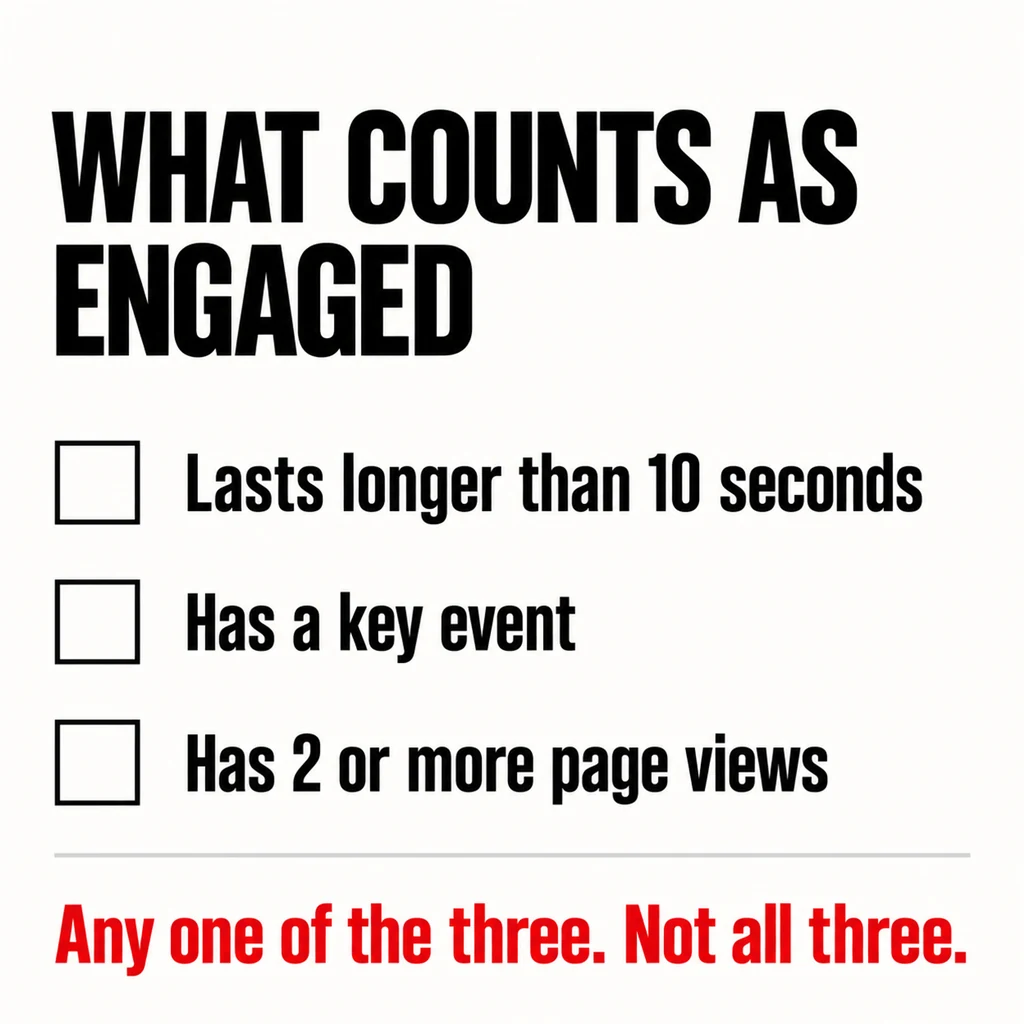 A labelled square checklist headed WHAT COUNTS AS ENGAGED listing three criteria, longer than ten seconds, a key event, and two or more page views, above a scarlet line reading Any one of the three