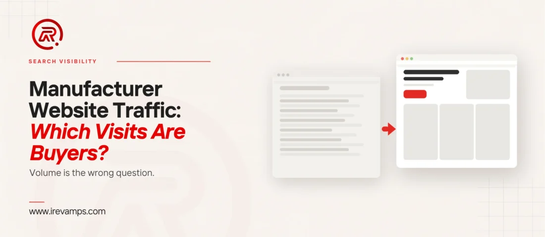 Manufacturer website traffic: title card beside a flat illustration of a long faded list of rows pointing to a single highlighted page
